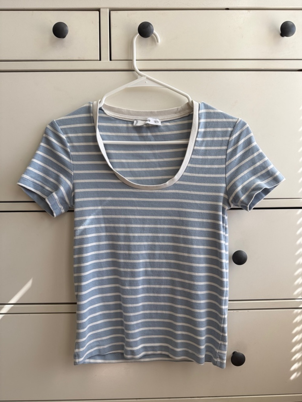 Mango Light Blue and White Striped Scoop Neck Tee